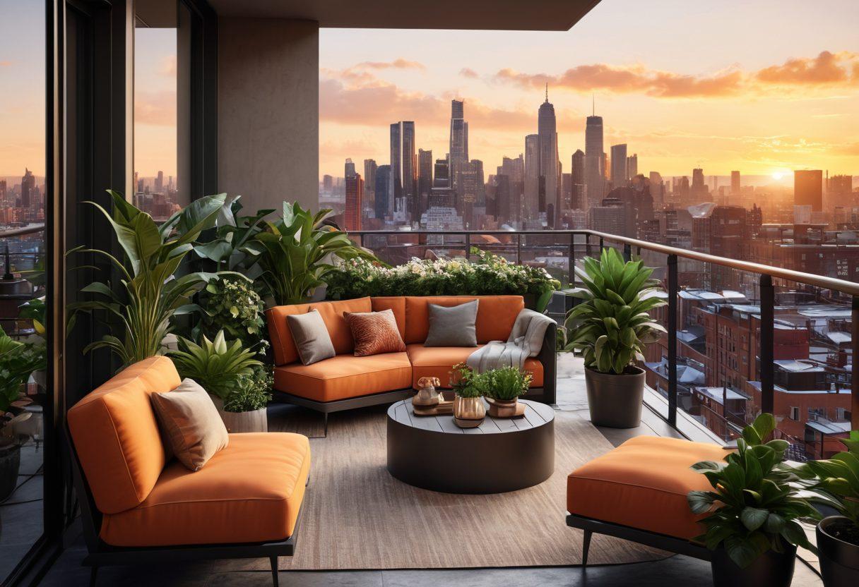 A stylish urban apartment balcony scene overlooking a vibrant city skyline at sunset, featuring lush potted plants, modern furniture, and a cozy seating area to reflect a chic lifestyle. Add hints of smart technology with devices subtly integrated into the decor. The atmosphere should evoke a sense of tranquility amidst the bustling city life. super-realistic. warm colors. 3D.