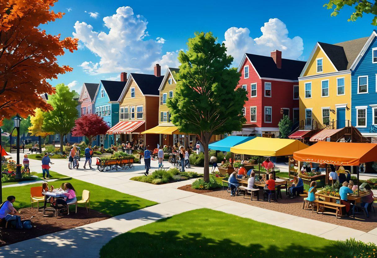 A cozy neighborhood scene depicting a diverse community with families enjoying outdoor activities, a park with children playing, houses of different architectural styles, and friendly neighbors chatting. The sky is bright and sunny, promoting a warm and inviting atmosphere. Include elements like a market stand and community garden to showcase vibrant community living. super-realistic. vibrant colors. cheerful atmosphere.