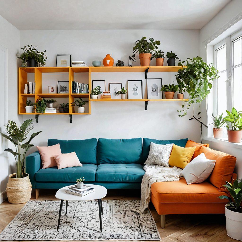 A stylish, organized small apartment showcasing clever space-saving furniture and vibrant home decor ideas. Features include multi-functional furniture like a sofa bed, wall-mounted shelves, and potted plants, all in a warm color palette. The scene should evoke a sense of comfort and creativity, emphasizing innovative renting solutions. minimalistic style with bright accents. super-realistic. vibrant colors.